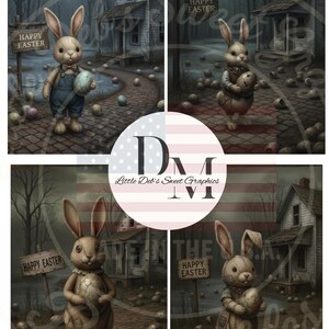 May include: Four panels of vintage-style Easter illustrations. Each features a bunny with an egg, a sign reading "Happy Easter," and a quaint house. The color palette is muted with a focus on browns, grays, and blues, creating a nostalgic feel.