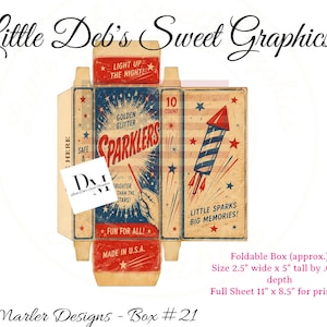 May include: A flat, unfolded printable template for a rectangular box featuring vintage-style red, white, and blue graphics. The design includes text reading Little Deb's Sweet Graphics, Golden Glitter Sparklers, 10 Count, Light Up The Night, and Little Sparks Big Memories. Dimensions are 2.5 inches wide by 5 inches tall by 0.625 inches deep.