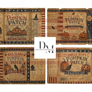 May include: Four rectangular vintage-style labels featuring Halloween pumpkin patch themes with distressed beige backgrounds, red and blue star-and-stripe borders, illustrations of jack-o'-lanterns, crows, and houses, with text including Old Pumpkin Patch and Uncle Sam's Pumpkin Patch.