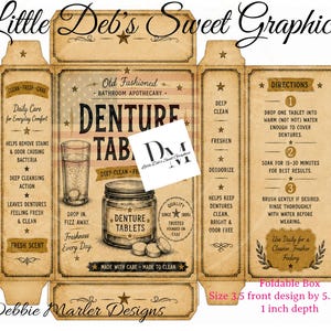 Puede incluir: Una plantilla de caja de cartón desplegada para tabletas de dentadura postiza con una estética vintage. El diseño presenta tonos sepia, ilustraciones de un vaso y un frasco, y texto que incluye 'Old Fashioned Bathroom Apothecary' y 'Denture Tablets'.