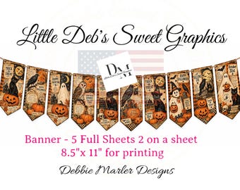 5 Full Sheets - 10 Designs Halloween Primitive Style Banner, Garland, Bunting, Folk Art, Party Decor (Digital Download) Pumpkins - NO HOLES