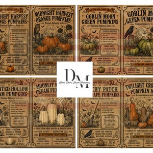 May include: A collection of eight vintage-style seed packet labels featuring illustrations of pumpkins, owls, crows, and lanterns. Each label includes text such as Midnight Harvest, Goblin Moon, Haunted Hollow, and Twilight Crooked Pumpkin Mix.