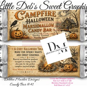 May include: Two candy bar wrappers with a vintage Halloween theme featuring a campfire, pumpkins, a crow, and a house. The text reads Campfire Halloween Marshmallow Candy Bar, Spooky Toasted Vanilla Treat, and A Cozy Halloween Treat Made For Spooky Nights.