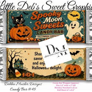 May include: Two rectangular candy bar wrappers featuring Halloween themes. The top wrapper shows a black cat on a pumpkin, a ghost, and the text Spooky Moon Sweets Candy Bar. The bottom wrapper displays a haunted house, a pumpkin, and text.