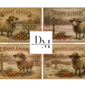 Puede incluir: Cuatro tarjetas de Pascua vintage con ovejas con sombreros en un campo nevado. Cada tarjeta tiene una pancarta que dice "Happy Easter" y un letrero que dice "Carrot Patch". Las zanahorias se colocan frente a las ovejas.
