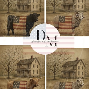 Può includere: Quattro immagini in seppia raffiguranti una casa e animali drappeggiati con la bandiera americana. Una mucca, un ariete, un toro e una pecora sono raffigurati con la bandiera drappeggiata sulla schiena. Le immagini hanno un tema vintage e patriottico.