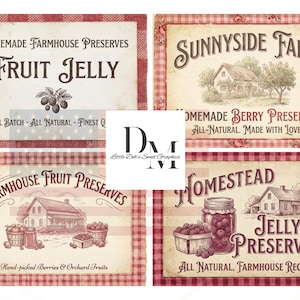 May include: Four vintage-style signs with a red and white checkered background. The signs feature text like "Homemade Farmhouse Preserves," "Fruit Jelly," and "Sunnyside Farm." Each sign has a rustic, aged appearance, with illustrations of fruit, jars, and farmhouses.