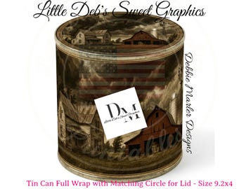 Primitive Farmhouse - Tornado Country Red Barn - Girl, Sheep - Prim Labels - Tin Can, Jar - (Digital Download) - 9.2x4 WRAP, 5x7, 10" Circle