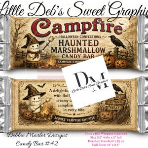 May include: Two candy bar wrappers featuring a Halloween theme with a marshmallow character wearing a witch hat, a campfire, pumpkins, and a crow. The text reads Campfire, Haunted Marshmallow Candy Bar, and Spooky Campfire Favorite. The wrappers are beige.