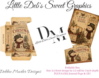 Digital Little Box - Primitive Farmhouse Christmas Winter Snowman - Box, Journal Page, 5x7 Label - Can FULL BOX Wrap, Jar Fold & Make Box