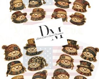 Primitive Farmhouse - Grungy - 4 Sheets Snowman Faces Paper Christmas Cutouts - Pantry Labels - Tin Can, Jar Labels (Digital Download)
