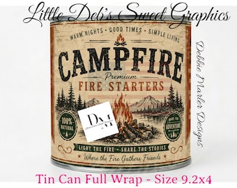 Primitive Farmhouse Grungy - Campfire Premium Fire Starters - Forest Camping - Pantry Tin Can FULL WRAP, Jar Labels (Digital Download) 9.2x4