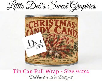 Primitive Farmhouse - Christmas Candy Canes Snowman, Snowy Trees, Silver Bells, Stars - Tin Can FULL WRAP, Jar Labels Digital Download 9.2x4