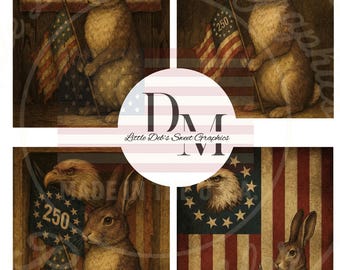 Primitive Patriotic American Flag - Anniversary 1776-2006 - Rabbit & Eagle - Patriotic USA Labels - Tin Can, Jar Labels (Digital Download)