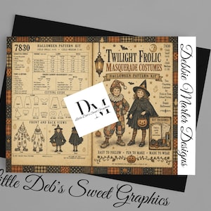 May include: A vintage-style Halloween pattern kit titled Twilight Frolic Masquerade Costumes, featuring illustrations of children in clown and witch outfits, a cutting guide, size charts, and sewing instructions on a tan background with plaid borders.