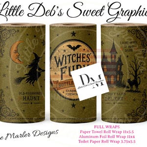 May include: Three cylindrical paper wraps featuring vintage-style Halloween graphics in olive green. Designs include a witch on a broom, a crescent moon, a haunted house, a black cat, and text reading Witches' Fury, Old-Fashioned Haunt, and Spooky Skies Delight.
