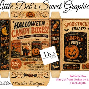 May include: A flat, unfolded cardboard template for a Halloween candy box featuring vintage-style graphics, orange and black color schemes, and text including "Halloween Candy Boxes," "Pumpkin Puffs," and "Spooktacular Treats." Dimensions are 3.5 inches by 5.5 inches by 1 inch.