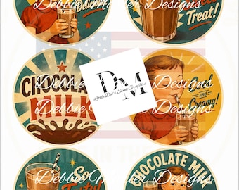 Primitive Farmhouse 6 -3.5" Circle Labels - Full Sheet Retro Chocolate Milk - Pantry, Kitchen Tin Can, Jar Lids Labels (Digital Download)