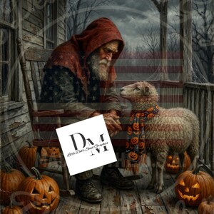 May include: A digital art print featuring an elderly person in a red hooded cloak sitting on a wooden porch with a sheep wearing a pumpkin-patterned scarf. Several jack-o'-lanterns are scattered on the floorboards. Text includes 8x10.