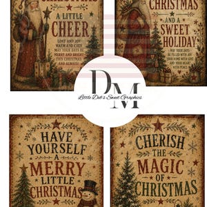 May include: Four rectangular Christmas-themed graphic prints with a vintage, distressed paper texture. Each features festive illustrations of Santa Claus, a snowman, Christmas trees, gifts, and lanterns, accompanied by holiday-themed text.