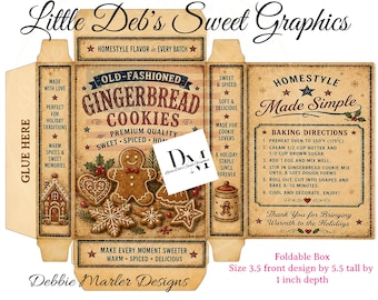 Digital Little Box - Primitive Farmhouse - Gingerbread Christmas Cookie Pantry Box Labels - Tin Can FULL BOX Wrap, Jar - Fold & Make Box