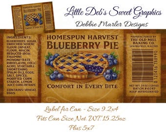 Primitive Farmhouse Blueberry Pie - Bakery Can Label - Baking and Pantry Labels - Tin Can WRAP, Jar (Digital Download) 9.2x4 and 5x7 size