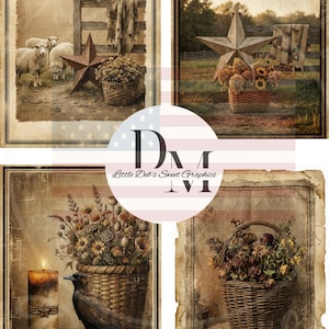 May include: A collage of four rustic-themed prints. Each print features a distressed, vintage aesthetic with sepia tones. Elements include a star, sheep, flowers in baskets, a candle, and a crow, evoking a farmhouse or country style.