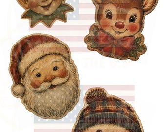 Grungy Primitive - 4 Sheets Snowman, Santa, Reindeer, Elf Paper Christmas Cutouts - Pantry Labels - Tin Can, Jar Labels (Digital Download)