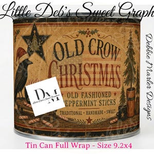 May include: A cylindrical tin can featuring a vintage-style wrap with the text Old Crow Christmas, Old Fashioned Peppermint Sticks, Traditional, Handmade, Sweet. The design includes a crow in a Santa hat, a star, and pine trees on a tan background.