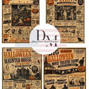 May include: Four vintage-style Halloween event posters featuring sepia-toned illustrations of haunted houses, corn mazes, trick-or-treating, and movie theater shows with detailed typography, spooky graphics, and pricing information for each attraction.