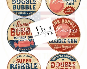 Farmhouse 6 -3.5" Circle Labels - Full Sheet Retro Sweet Double Bubble Gum - Pantry, Kitchen Tin Can, Jar Lids Labels (Digital Download)