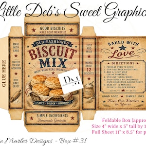 May include: A flat, unfolded cardboard box template for old-fashioned biscuit mix. The design features a tan, vintage-style background with red and blue text, a basket of biscuits, and baking instructions. It includes tabs for assembly.