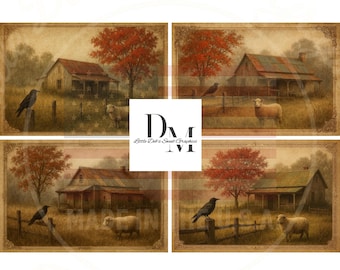 Primitive Farmhouse Rustic Cabin - Sheep and Crow - Dirt Road and Fence - Primitive Label - Tin Can, Jar Labels (Digital Download)