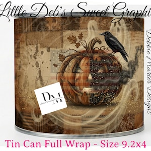 May include: A tin can wrap featuring a Halloween design. The wrap showcases a carved pumpkin with a crow perched on top, set against a backdrop of patchwork and ghostly figures. The can measures 9.2 inches by 4 inches.