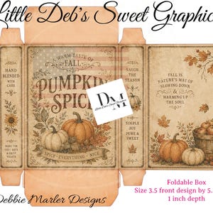 May include: A flat, unfolded cardboard box template featuring a vintage-style autumn theme with pumpkins, fall leaves, and text including 'A WARM TASTE OF FALL PUMPKIN SPICE'. The design includes dimensions of 3.5 inches wide by 5.5 inches tall by 1 inch deep.