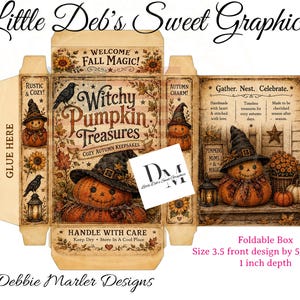 May include: A flat, unfolded cardboard box template featuring autumn-themed graphics of pumpkins wearing witch hats, crows, and sunflowers. The text reads Witchy Pumpkin Treasures, Welcome Fall Magic, and Gather. Nest. Celebrate. Dimensions are 3.5 inches wide by 5.5 inches tall by 1 inch deep.
