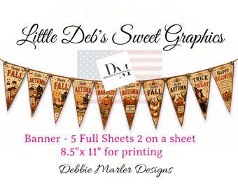 5 Full Sheets - 10 Designs Fall Retro Primitive Style Banner, Garland, Bunting, Pumpkins, Party Decor (Digital Download) U Print - NO HOLES