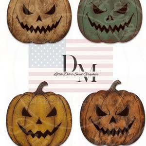May include: Four rustic-style pumpkin cutouts with carved faces. The pumpkins are in shades of brown, green, and yellow-orange. Each has a stem and a menacing grin. The image includes the text "Little Deb's Sweet Graphics".