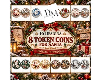 2 Sheets - 16 Different Designs - 8 Token Coins for Santa Paper Christmas Cutouts - Pantry Label - Tin Can, Jar Labels Digital Download) PNG