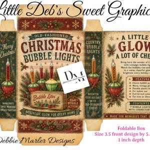 May include: A foldable box template for Christmas bubble lights featuring vintage-style graphics with pine branches, holly berries, and snowflakes. The text reads Old-Fashioned Christmas Bubble Lights, A Little Glow A Lot Of Cheer, and includes dimensions of 3.5 inches wide by 5.5 inches tall by 1 inch deep.
