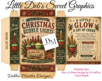 Digital Little Box - Primitive Farmhouse - Christmas Tree Bubble Lights - Pantry Box Labels - Tin Can FULL BOX Wrap, Jar - Fold & Make Box