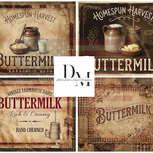 Peut inclure: Quatre panneaux de style vintage avec le mot "Buttermilk" en évidence. Les panneaux présentent des motifs rustiques avec des bocaux, des bols et du texte comme "Homespun Harvest" et "Vintage Farmhouse Dairy". La palette de couleurs comprend des bruns, des crèmes et des rouges.