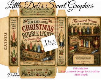 Digital Little Box - Primitive Farmhouse - Christmas Tree Bubble Lights - Pantry Box Labels - Tin Can FULL BOX Wrap, Jar - Fold & Make Box