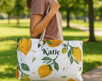 Personalisierte Zitronen-Weekender-Einkaufstasche - Muttertagsgeschenk für Mama, benutzerdefinierte Name Citrus Beach Bag