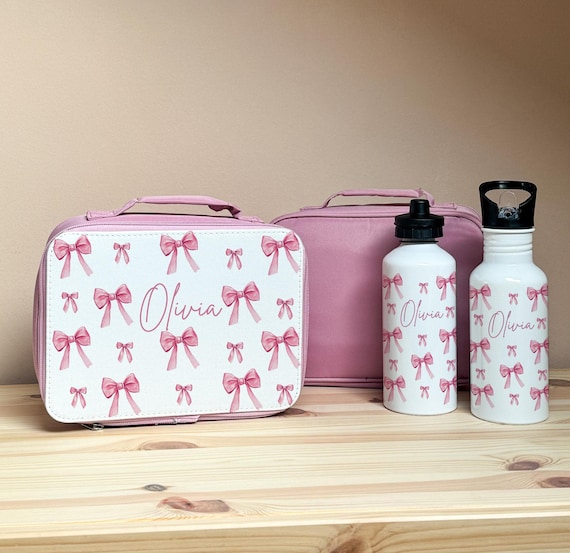 Personalised Lunch Box & Water Bottle Set, Girls Lunch Box,  Kids Lunch Bag, Kids Water Bottle, Bow Lunch Box, Bows Lunch Bag, Tween