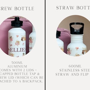 Puede incluir: Botellas de agua blancas con ilustraciones de hadas. Una botella tiene una tapa de rosca negra y el nombre "ELLIE". La otra tiene una tapa abatible negra. Las botellas son de aluminio y acero inoxidable.