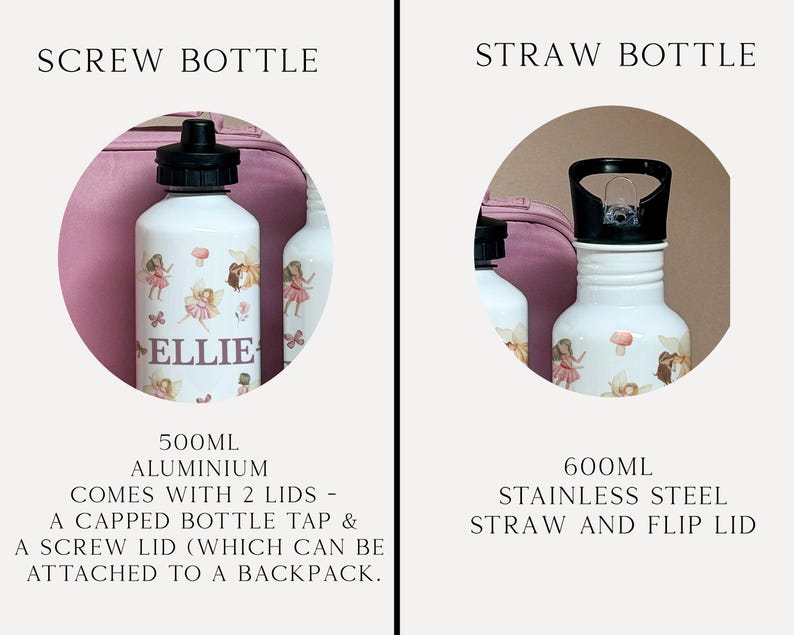 Puede incluir: Botellas de agua blancas con ilustraciones de hadas. Una botella tiene una tapa de rosca negra y el nombre "ELLIE". La otra tiene una tapa abatible negra. Las botellas son de aluminio y acero inoxidable.