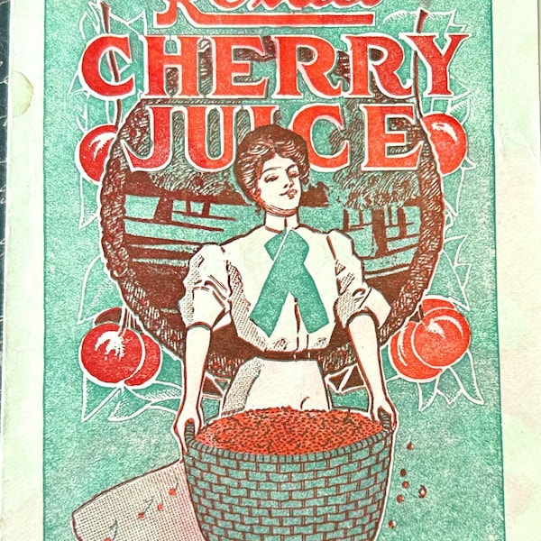 Antique Advertising Rexall Cherry Juice Cough Syrup Edwardian Lady with Basket of Cherries 1900's Quack Medicine