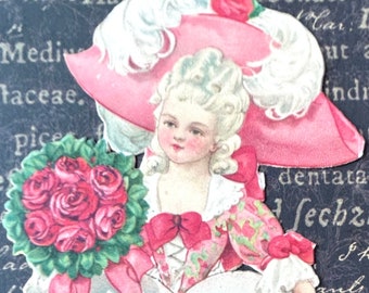 Antique Valentine by Sam Gabriel Die Cut Stand Up Georgian Lady with Roses Printed in Germany 1920's