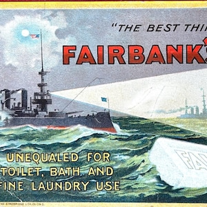 Victorian Trade Card Fairbank&#39;s Fairy Soap Warship on Ocean With Corner Wear 1898